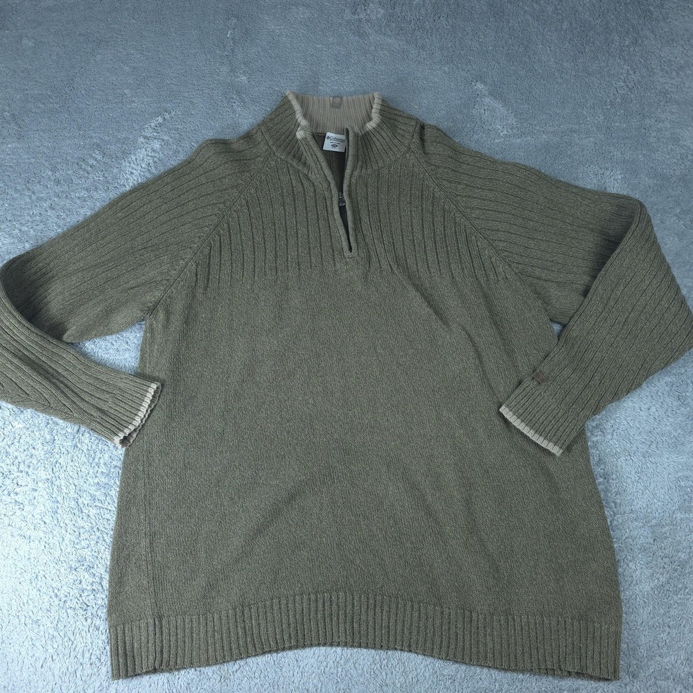 Columbia Sweater Mens 2XL Green 1/4 Zip Pullover Mock Neck Ribbed Cotton